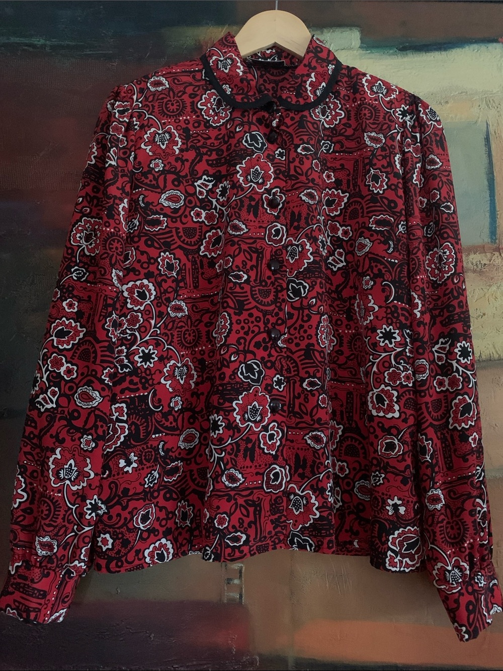 Vintage D'Allaird's Red Floral Paisley Peter Pan Collar Blouse, Sz M